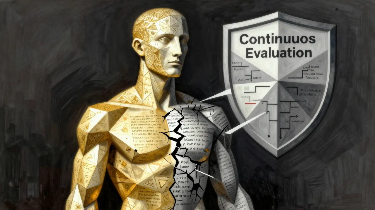 Fragmented AI humanoid with one side accurate and glowing, the other leaking dangerous text, monitored by a continuous evaluation shield.