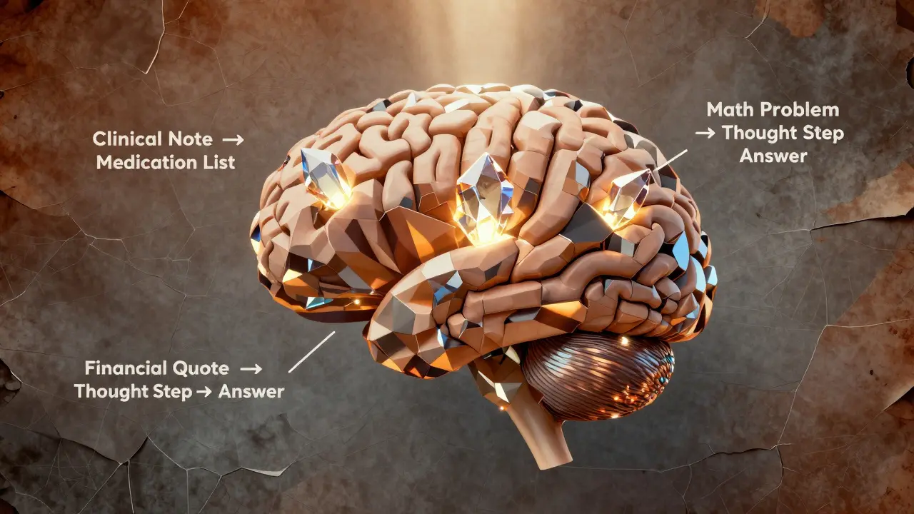 Geometric brain with prismatic example pairs embedded in its facets, symbolizing in-context learning.
