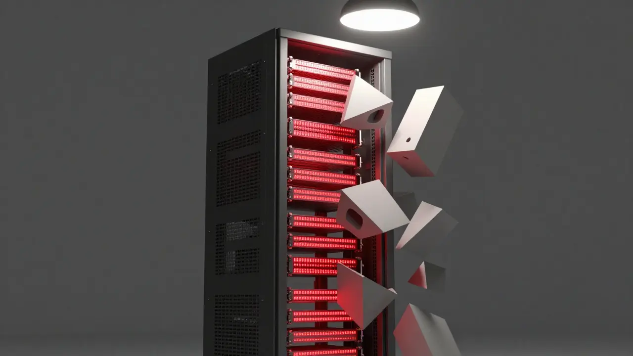 GPU rack breaking into abstract shards, some dense, some hollowed by energy-saving techniques.