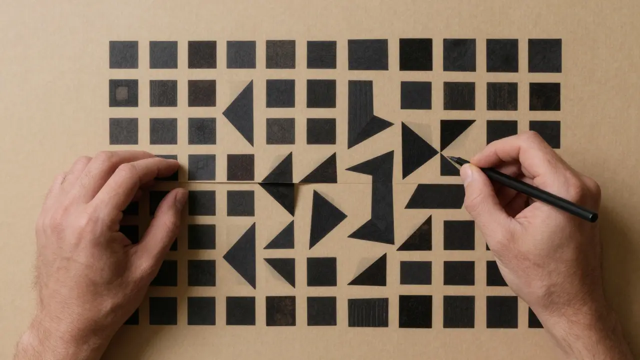 Hands arranging abstract data fragments into structured template