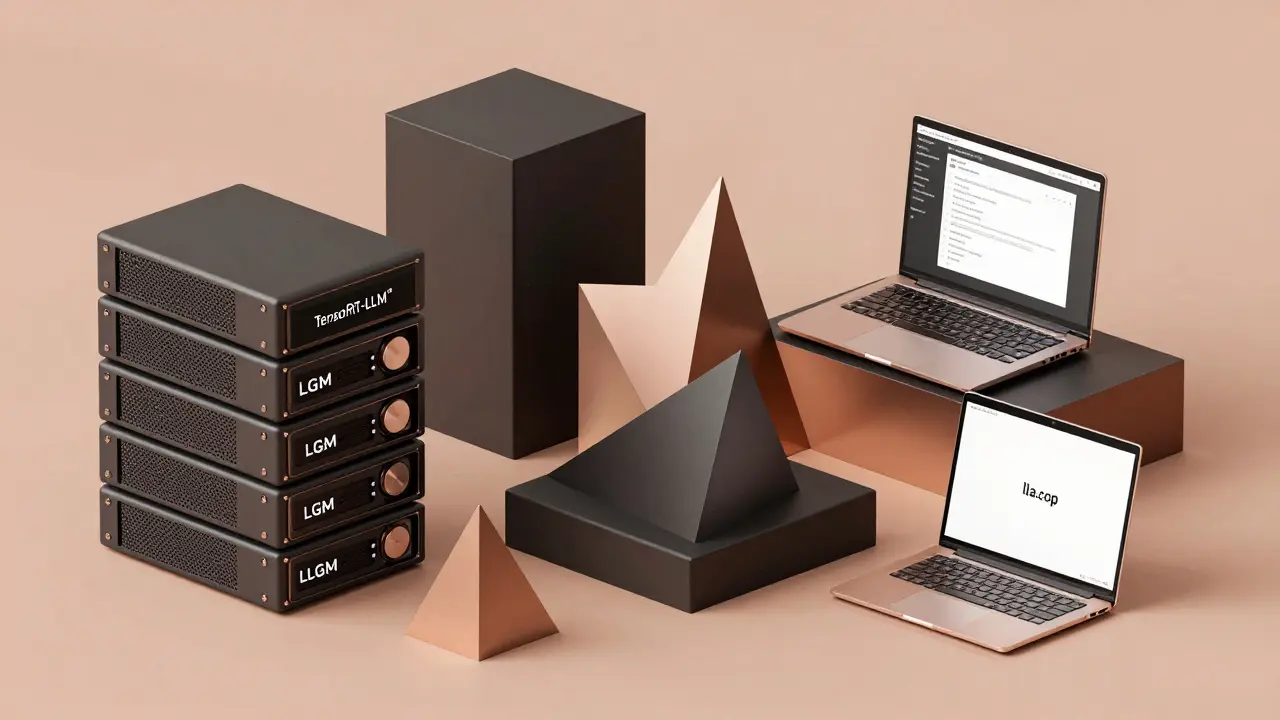 Interlocking geometric shapes representing vLLM, TensorRT-LLM, and llama.cpp deployment tools