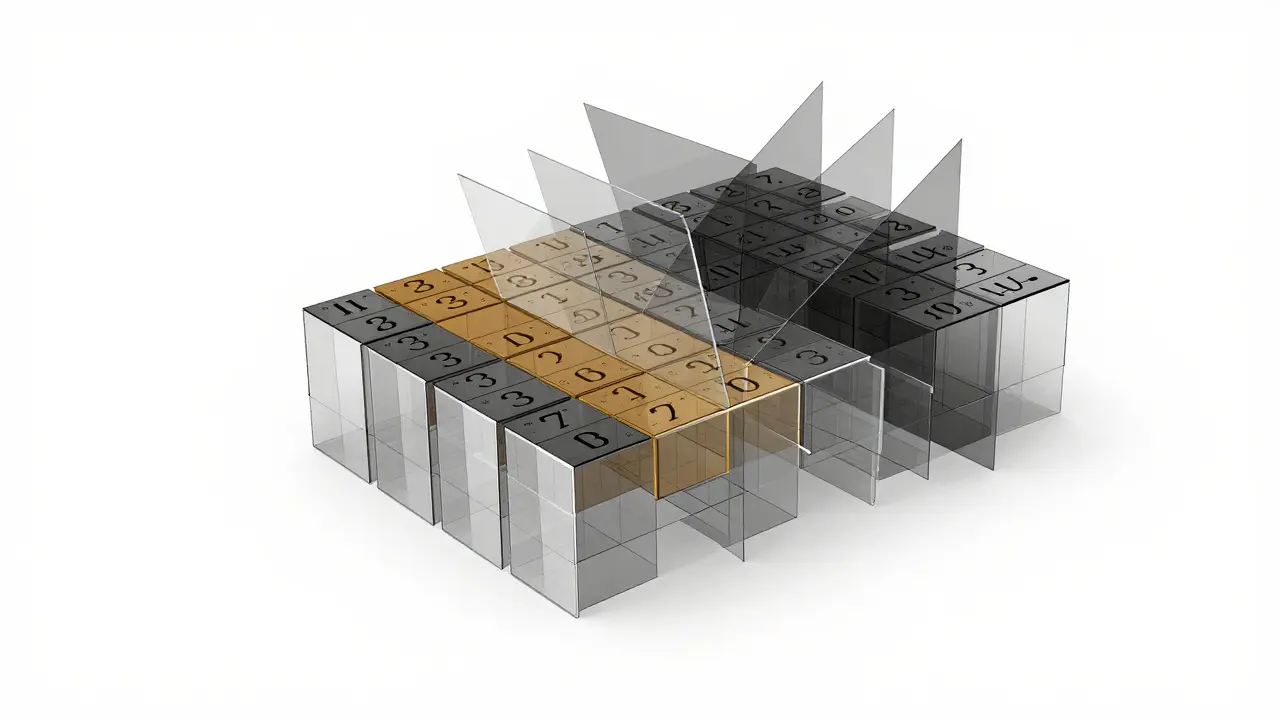 Mathematical matrix decomposed into layered geometric forms symbolizing low-rank compression.