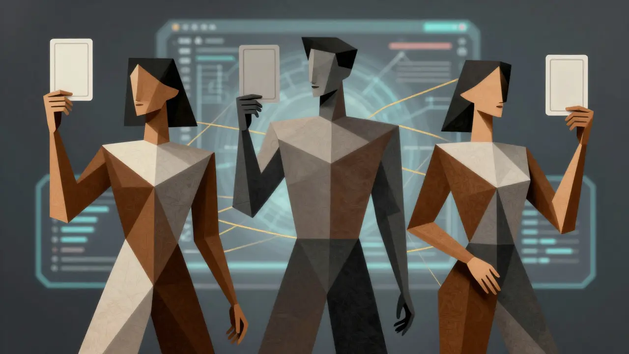 Three abstract figures holding example cards, with the middle one faded, illustrating the lost-in-the-middle effect.