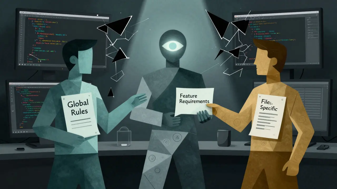 Three abstract figures representing global, feature, and file context layers uniting to guide an AI coding assistant.