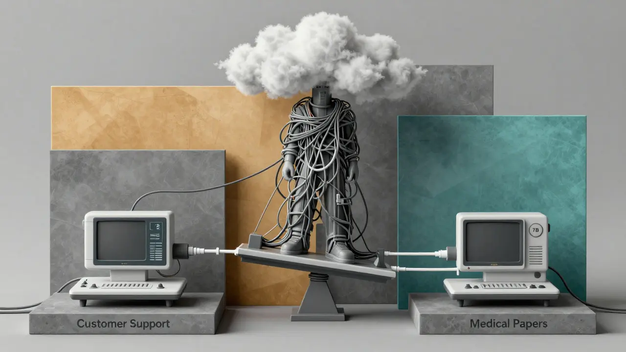 Three AI models in angular shapes, with two small efficient ones outweighing one massive inefficient model.