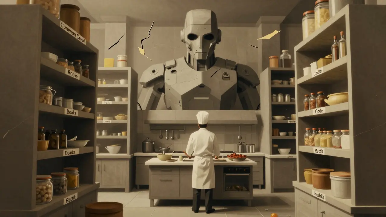 A chef surrounded by empty shelves, symbolizing insufficient training data for a massive AI model.