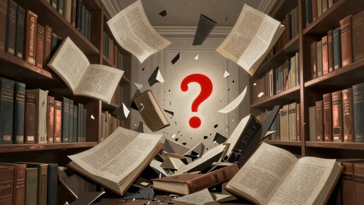 A collapsing library of factual books turning into geometric text fragments, in Cubist style.