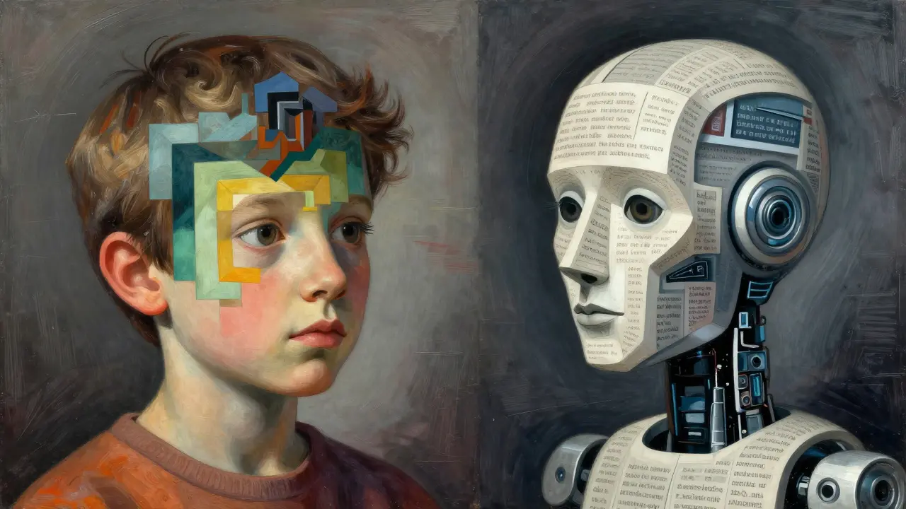 A Cubist double portrait of a child and AI robot, contrasting nested grammar structures with text fragments.