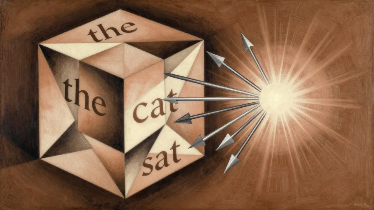 A cubist neural network cube with tokens as interlocking planes and logits as directional arrows.