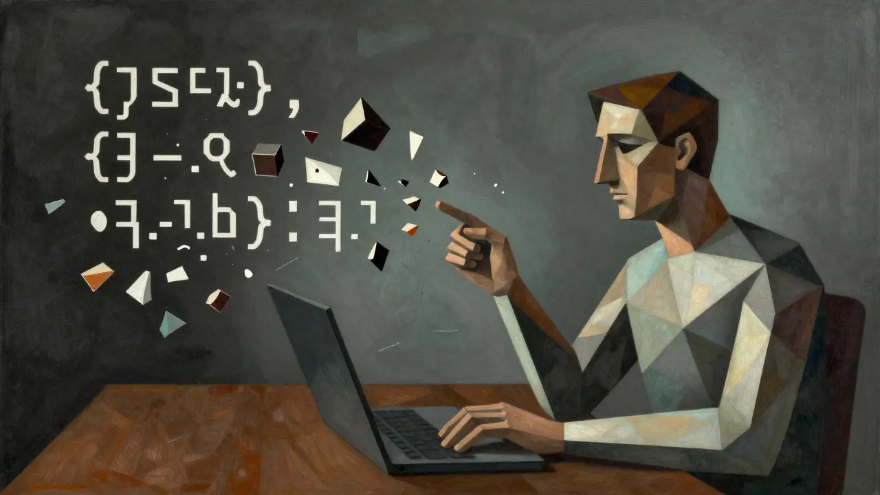 A deconstructed programmer surrounded by shattered JSON elements in Cubist style.