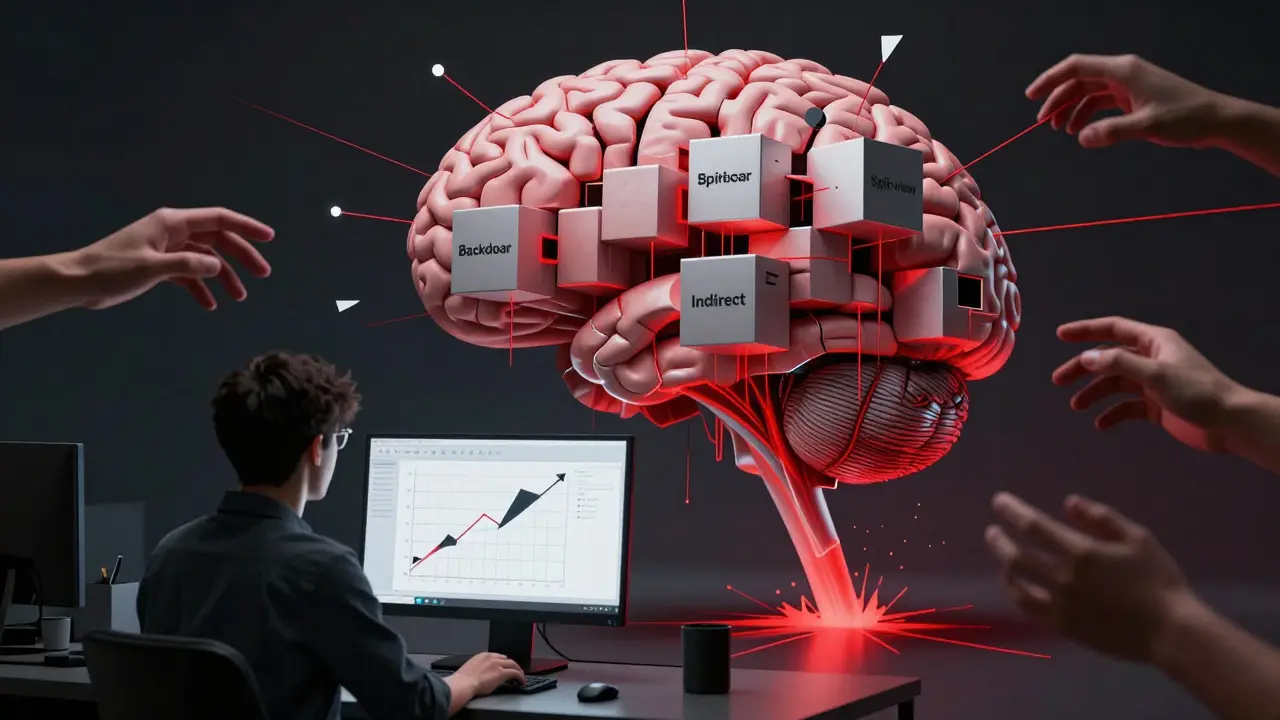 A developer facing a collapsing model graph, while a deconstructed AI brain leaks crimson data streams from hidden backdoors.