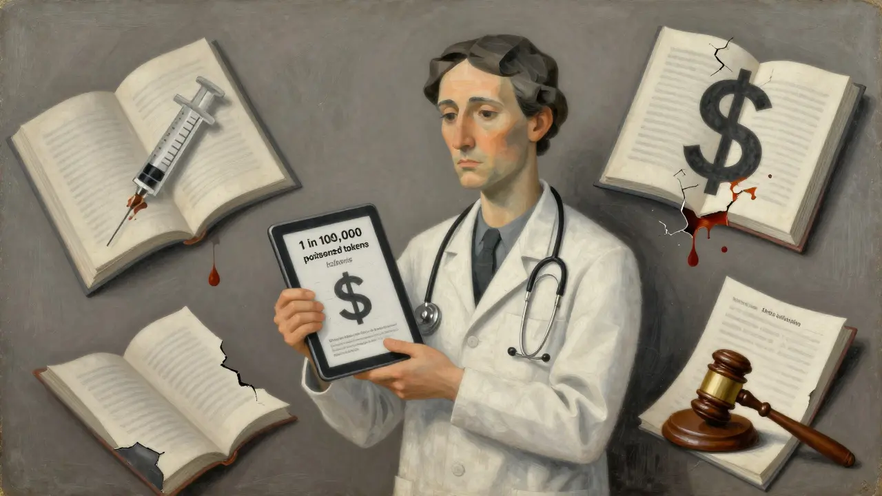 A doctor confronted by conflicting medical outputs from a corrupted AI, surrounded by fragmented documents labeled with poisoning statistics.