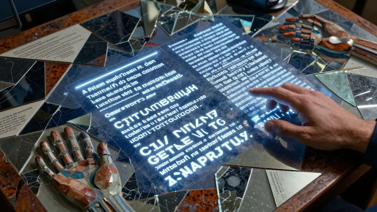 A hand reaching toward an AI interface surrounded by broken mirrors reflecting false information, in Cubist style.