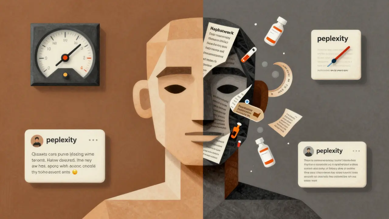 A human figure split between calm and chaotic AI output, shown in angular Cubist forms with monitoring metrics.