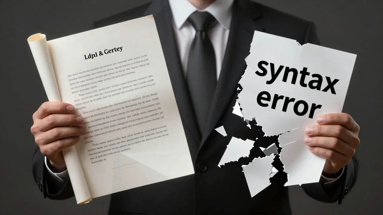 A lawyer holding two scrolls—one flawless, one shattered—symbolizing fluency versus lack of deep linguistic knowledge.