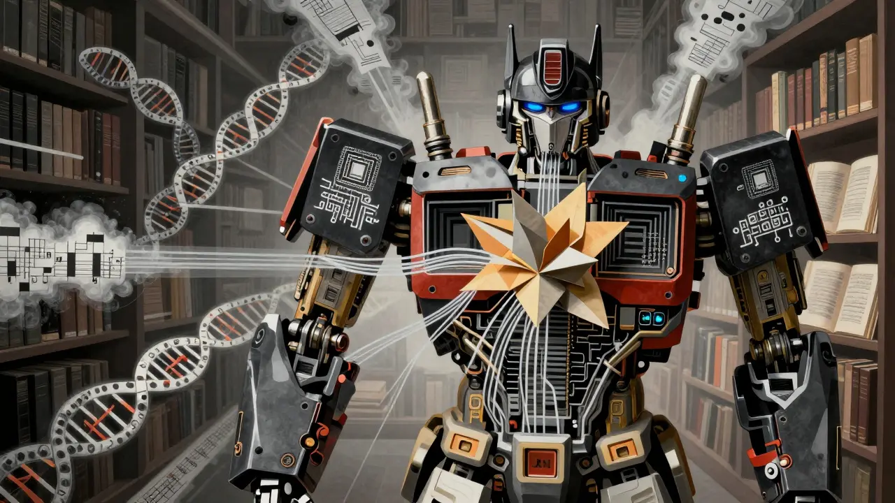 A mechanical transformer model with quantized circuits, sharded components, and SwiGLU gates, connecting text, DNA, and music.