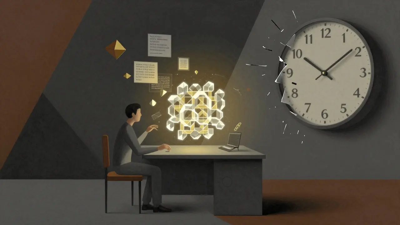 A person interacting with invisible memory fragments, some vanishing and others being stored in a glowing lattice.