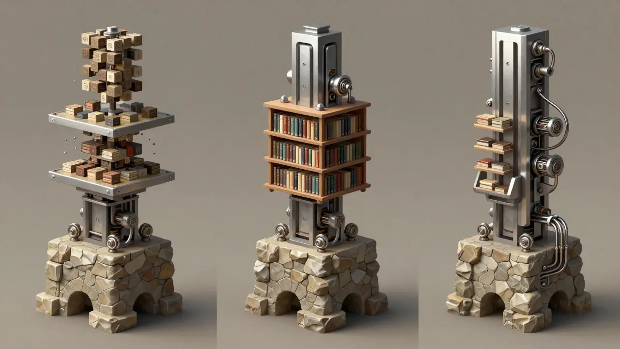 A three-tiered architectural structure representing different memory systems in a machine, viewed from multiple angles.