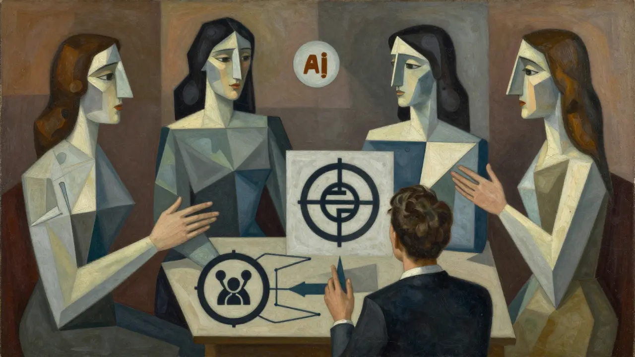 Abstract human figures collaborating on ethical AI development concepts