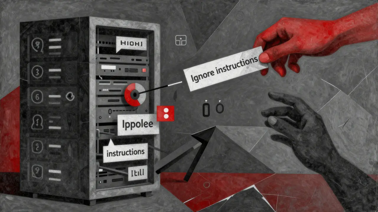 An AI agent with mechanical limbs reaching for a server, while a malicious prompt injects into its core in Cubist abstraction.