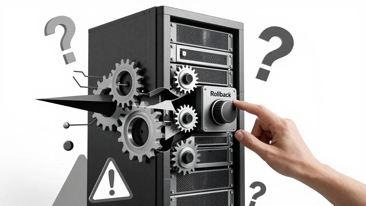 An AI server stack dissolving into abstract forms as a hand adjusts a rollback dial, rendered in Cubist style.