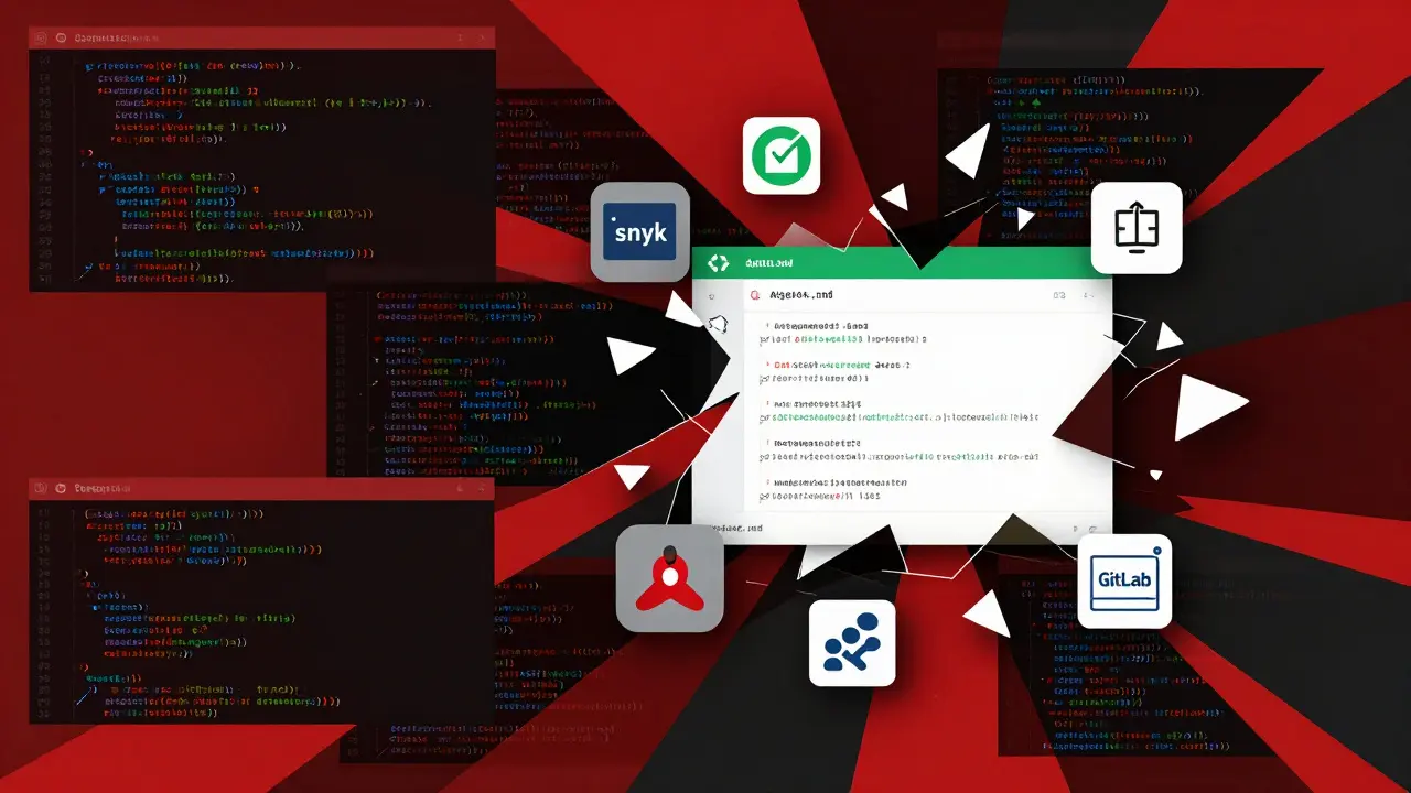 Chaotic code diffs in angular shapes, with one clean refined commit highlighted in green.