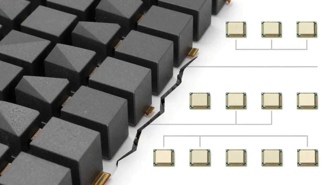Cubist contrast between dense training GPU clusters and minimalist inference CPUs, divided by a jagged line.