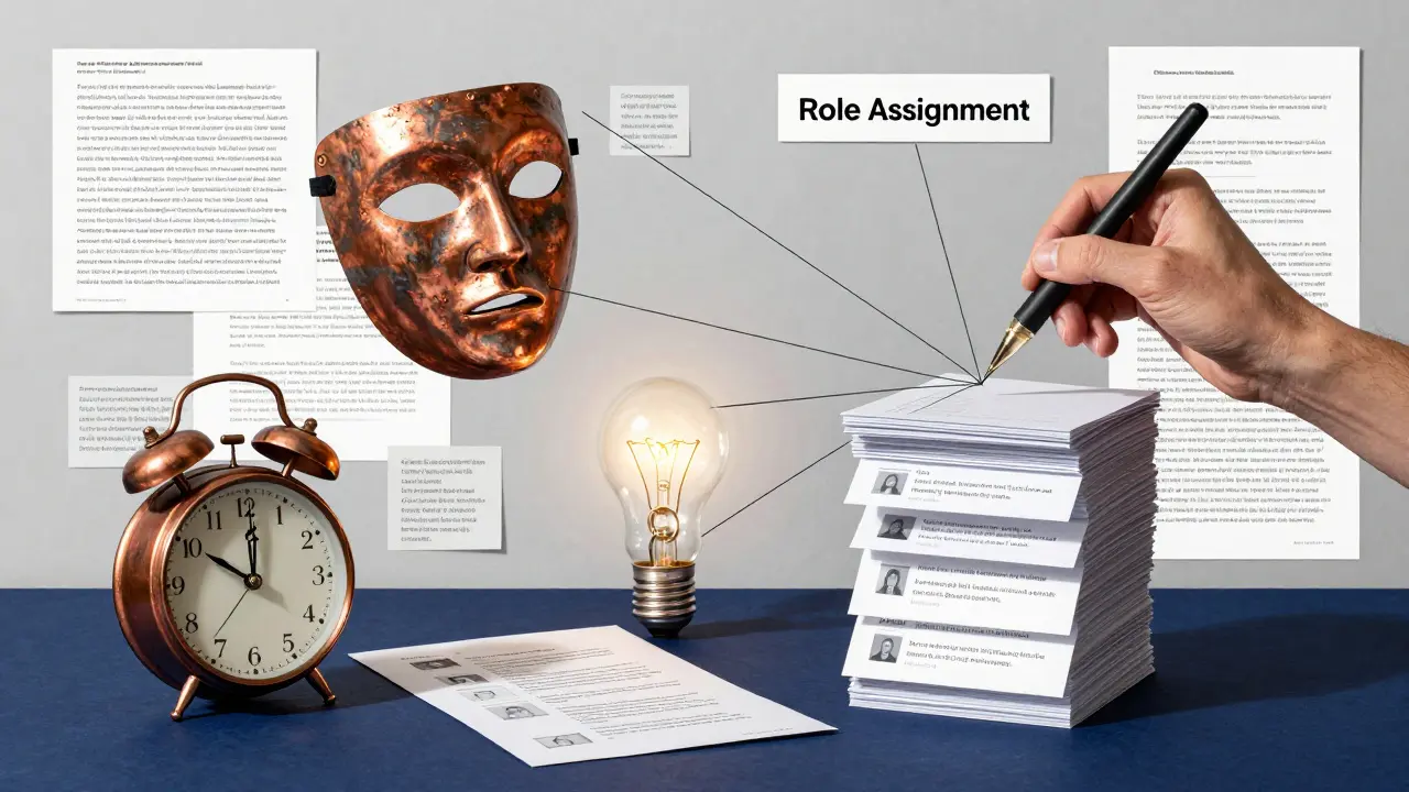 Cubist desk with symbolic objects illustrating prompt engineering concepts, fragmented text in background.