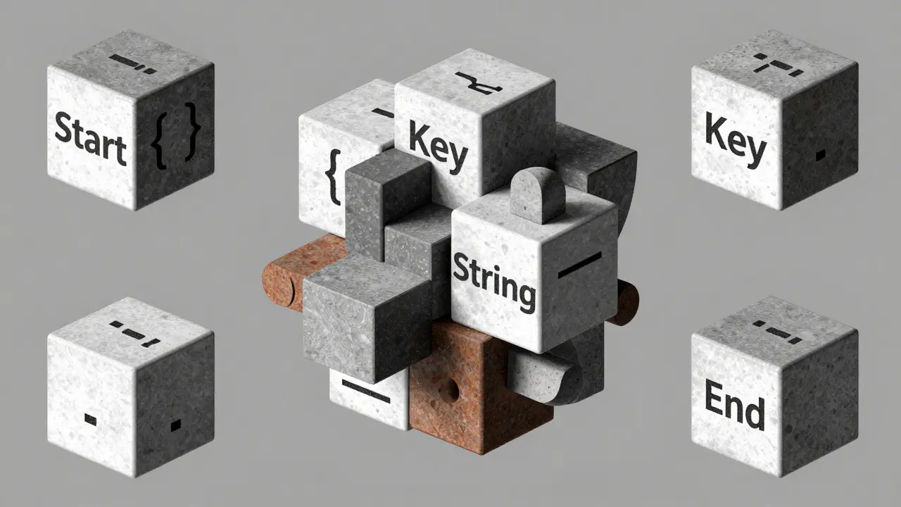 Cubist mechanical puzzle of token states with angular text fragments in monochrome.