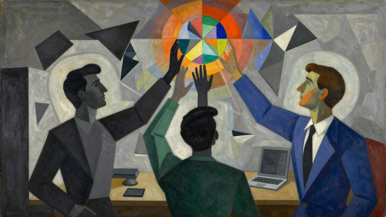 Cubist painting of diverse creators collaborating