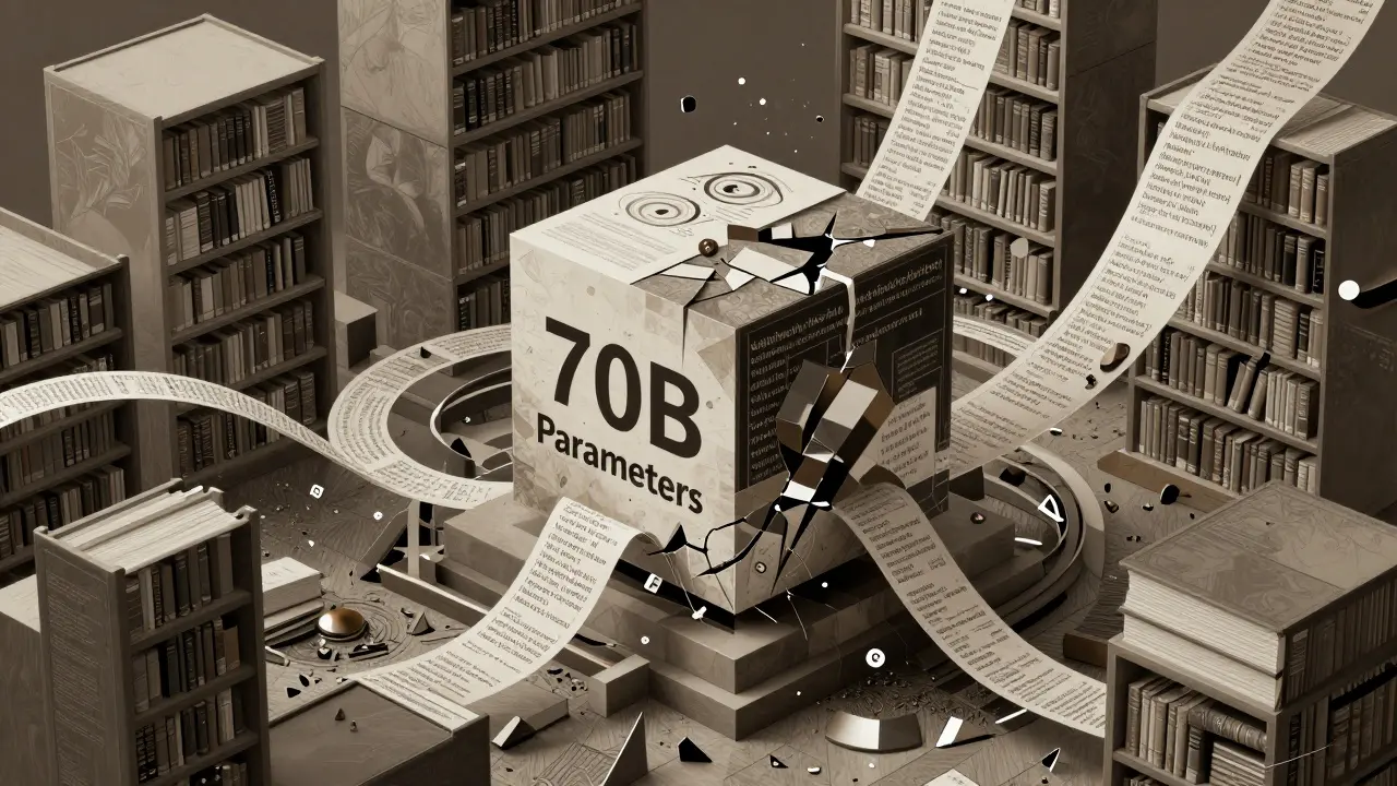 Deconstructed library of text sources with floating tokens, illustrating the scale of data needed for large language models.