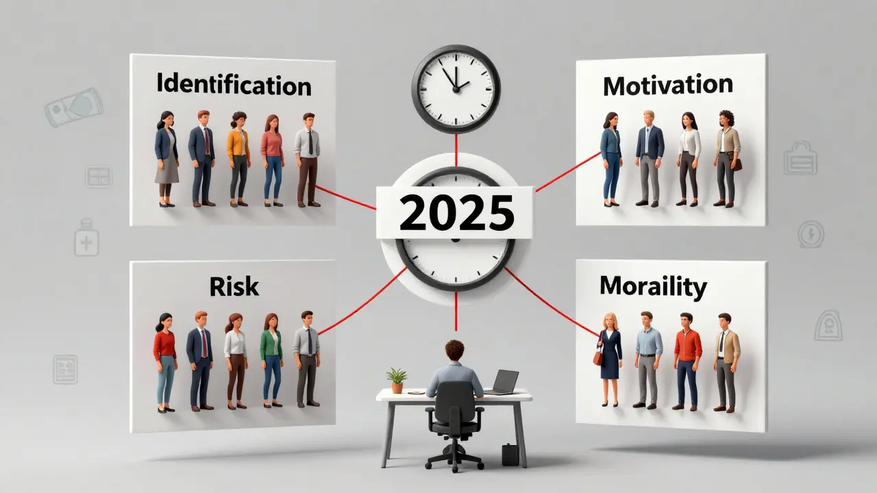 Developer surrounded by floating panels representing stakeholder review phases, with a red thread connecting them.