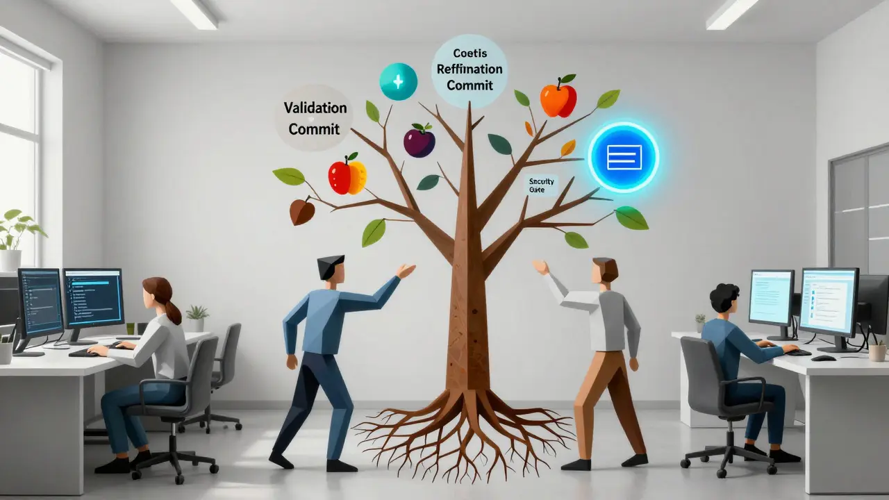 Developers and AI agents in geometric forms interacting with a version control tree structure.