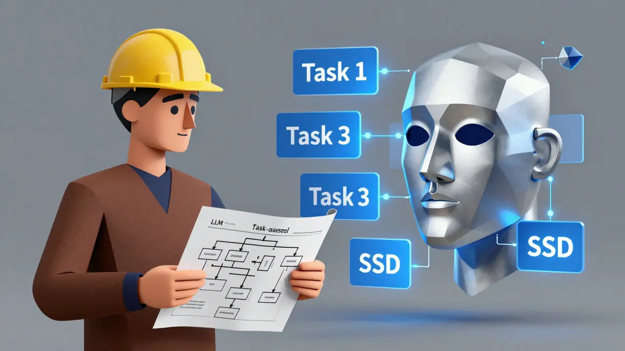 Engineer and abstract AI mask collaborating on task scheduling, with geometric fragments labeled by workload components.