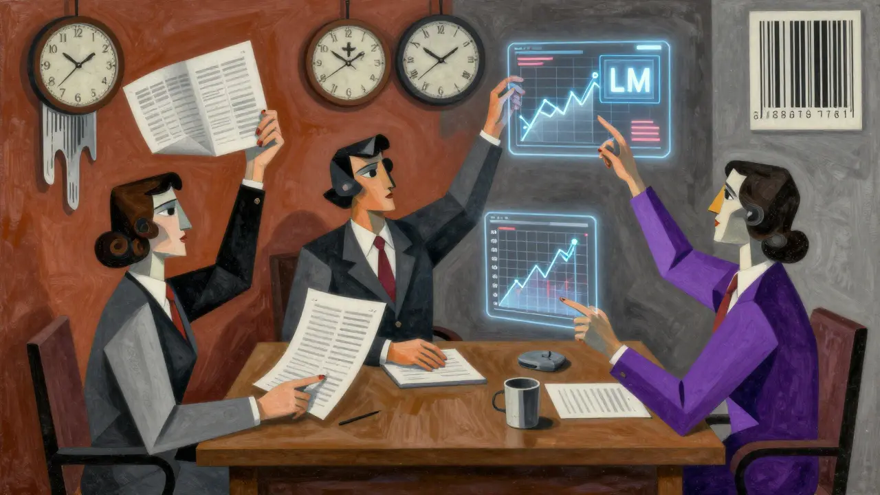 Fractured marketing team interacting with data streams in a 1920s office