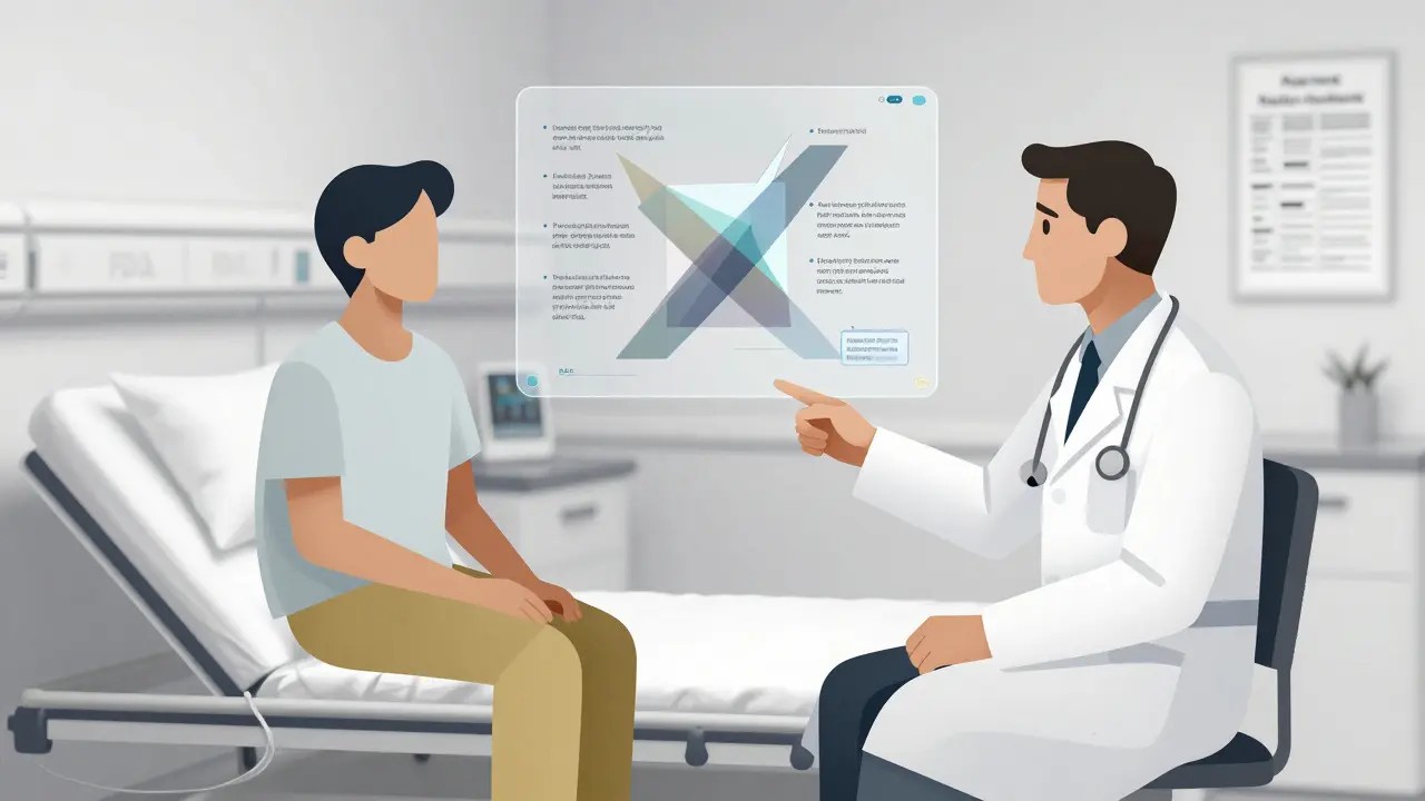 Hospital scene with Cubist deconstructed figures formed from medical guidelines and verified facts.