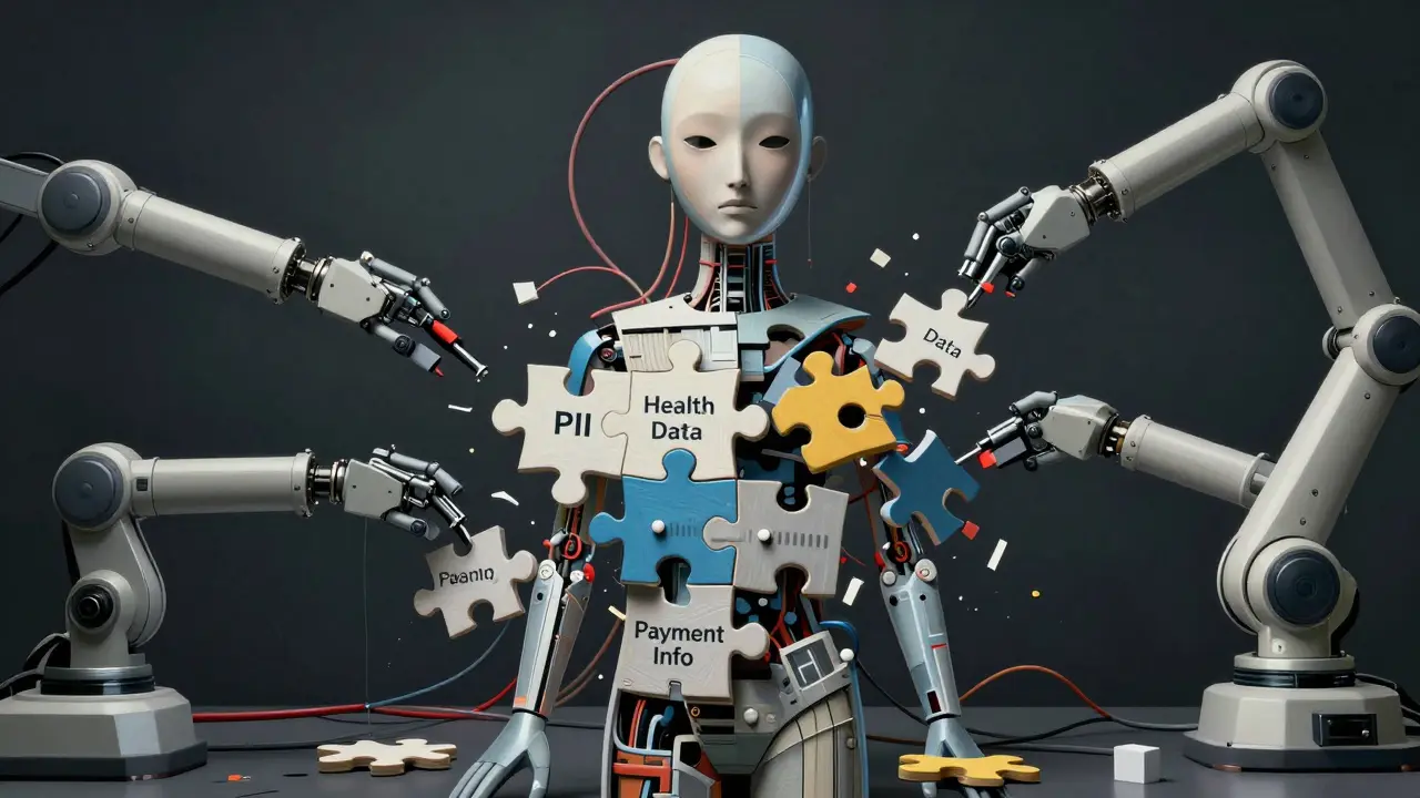 Human figure made of data pieces being deconstructed by mechanical arms, symbolizing deletion processes.