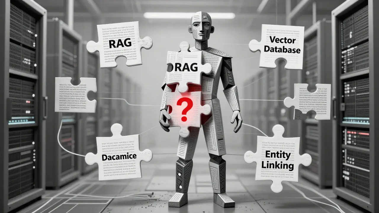 Human figure made of RAG and database puzzle pieces, one missing, replaced by a glowing question mark.