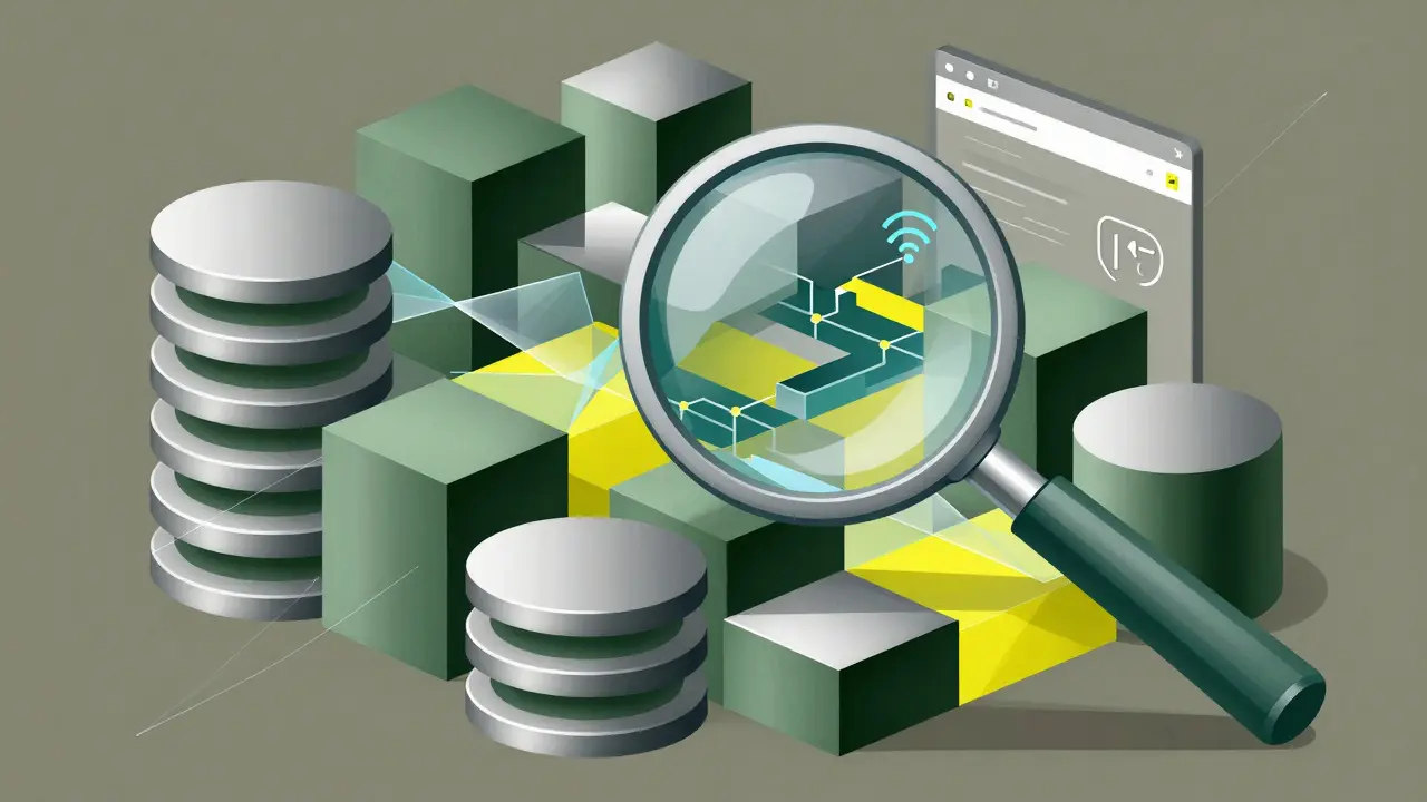 Interlocking cubes forming a database structure under inspection with magnifying glass
