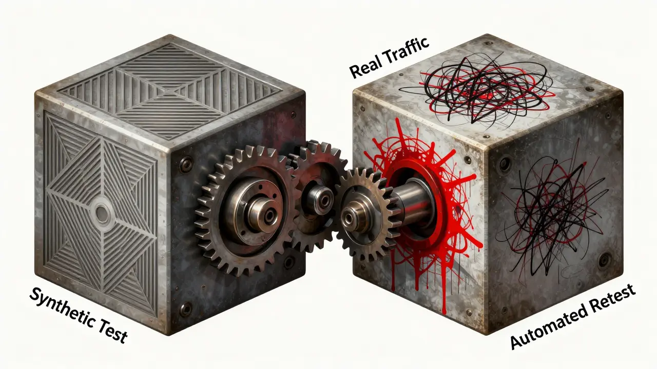 Interlocking Cubist cubes symbolizing synthetic testing, real traffic, and automated feedback loop.