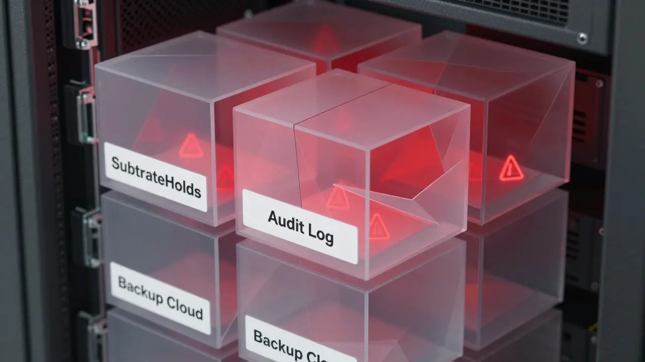 Layered server cubes in angular shapes, showing inconsistent data retention across cloud systems.