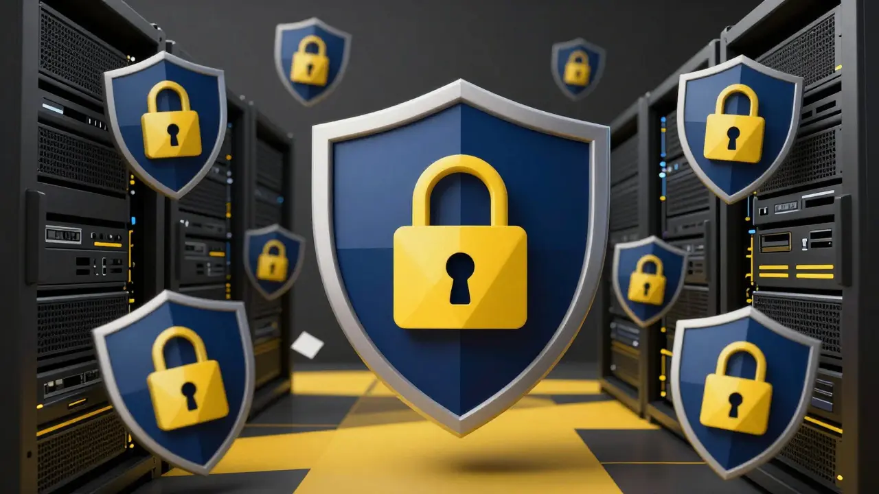 Security shields and servers fragmented into angular shapes