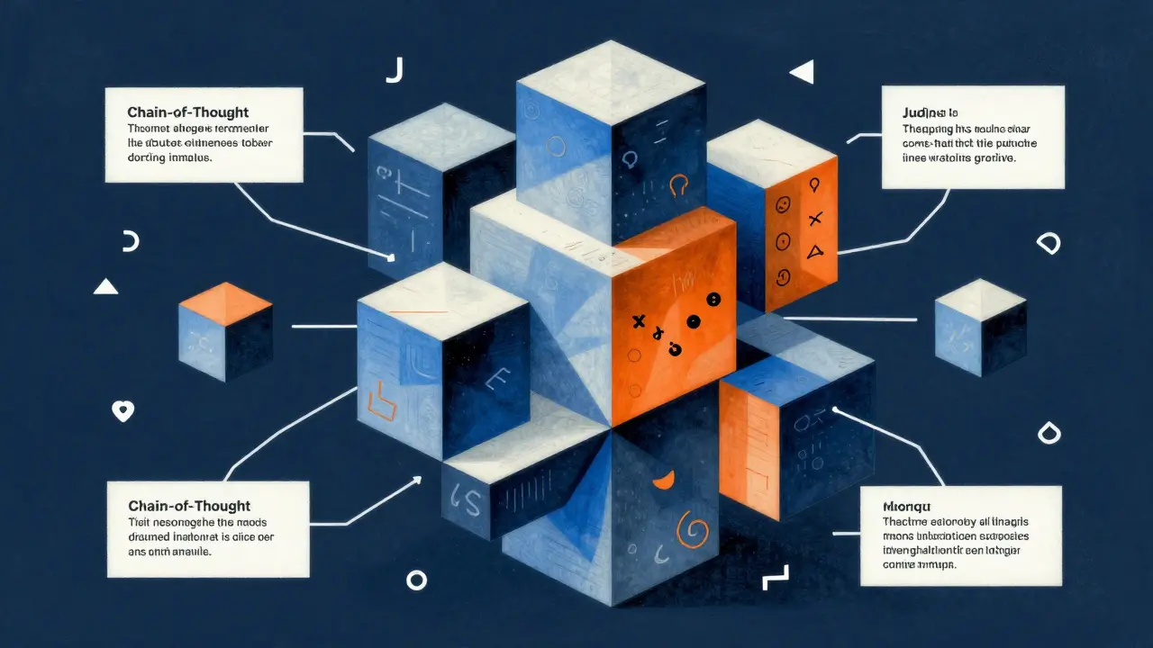 Abstract Cubist representation of an AI's step-by-step reasoning process using geometric prisms.