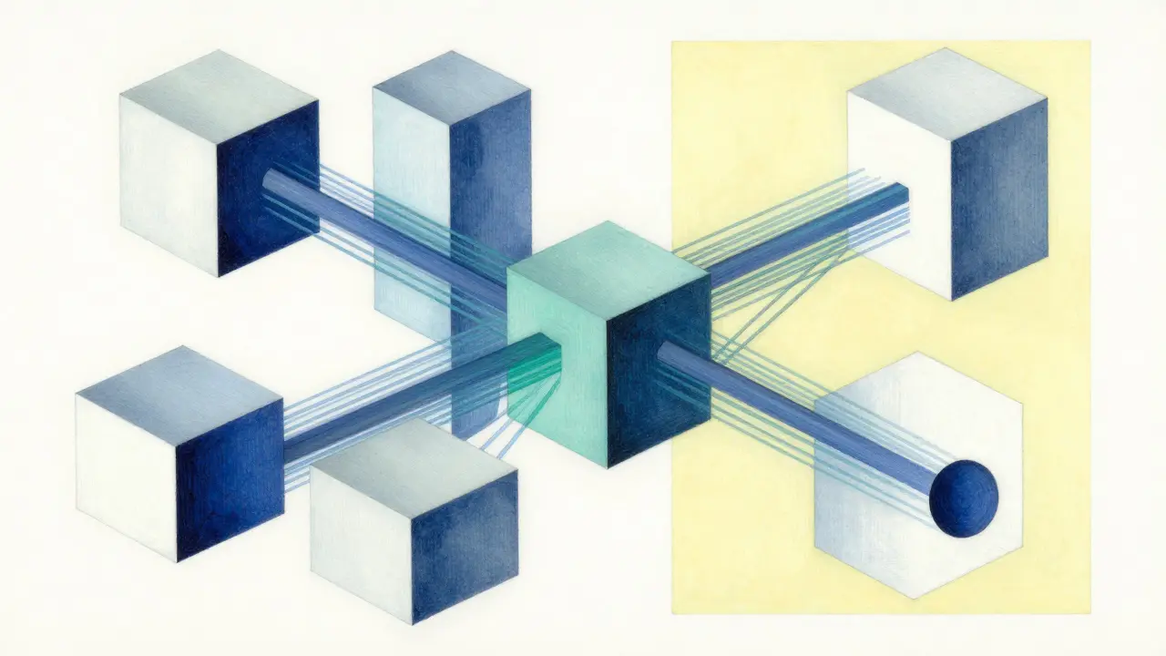 Abstract Cubist representation of neural network quantization with geometric shapes.