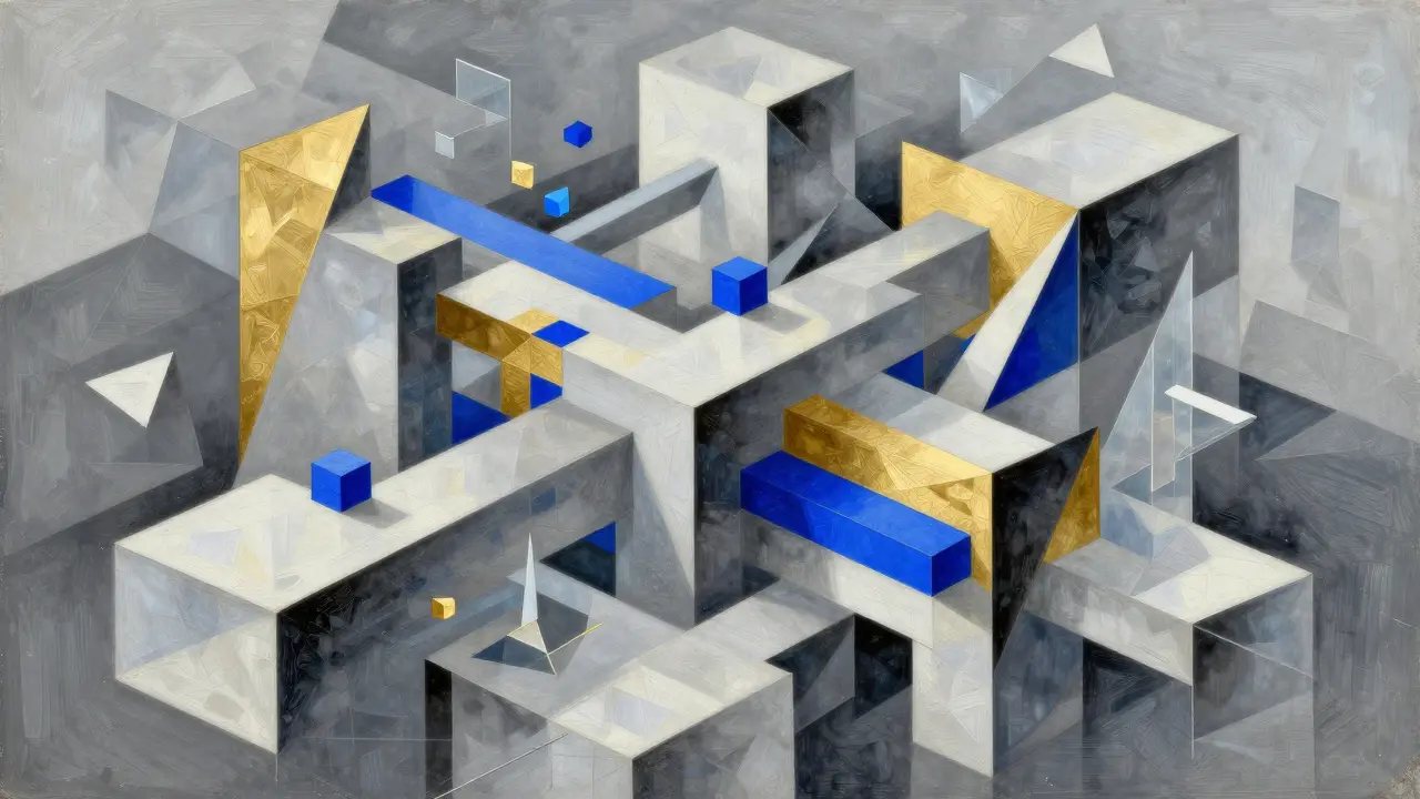 Abstract Cubist representation of small blue and gold modules inside a geometric network