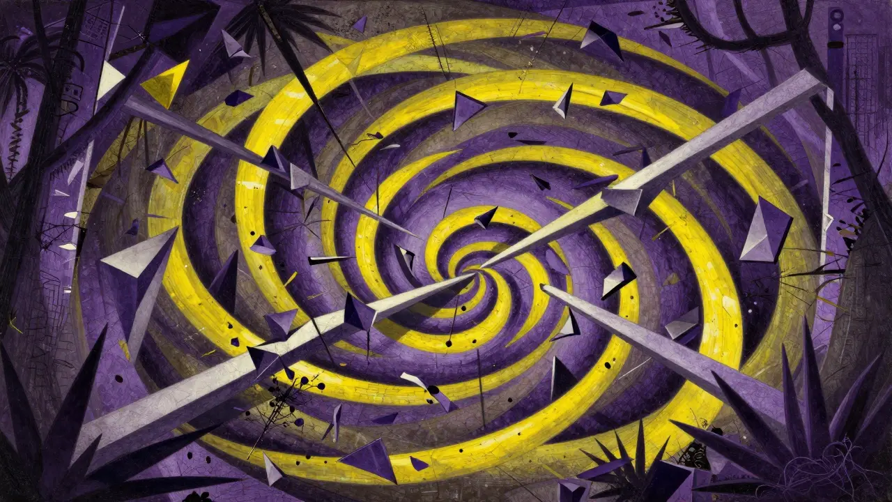 Abstract Cubist scene of shattered geometric paths and sharp spikes representing AI instability.