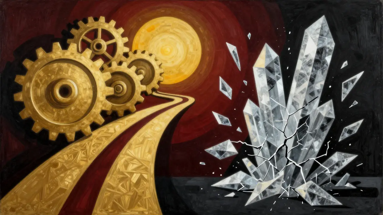 Cubist art contrasting a smooth golden workflow with a shattering, rigid crystalline structure.