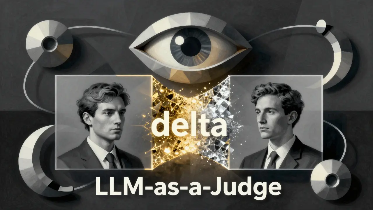 Cubist art depicting a geometric eye judging two AI models within a circular iterative loop