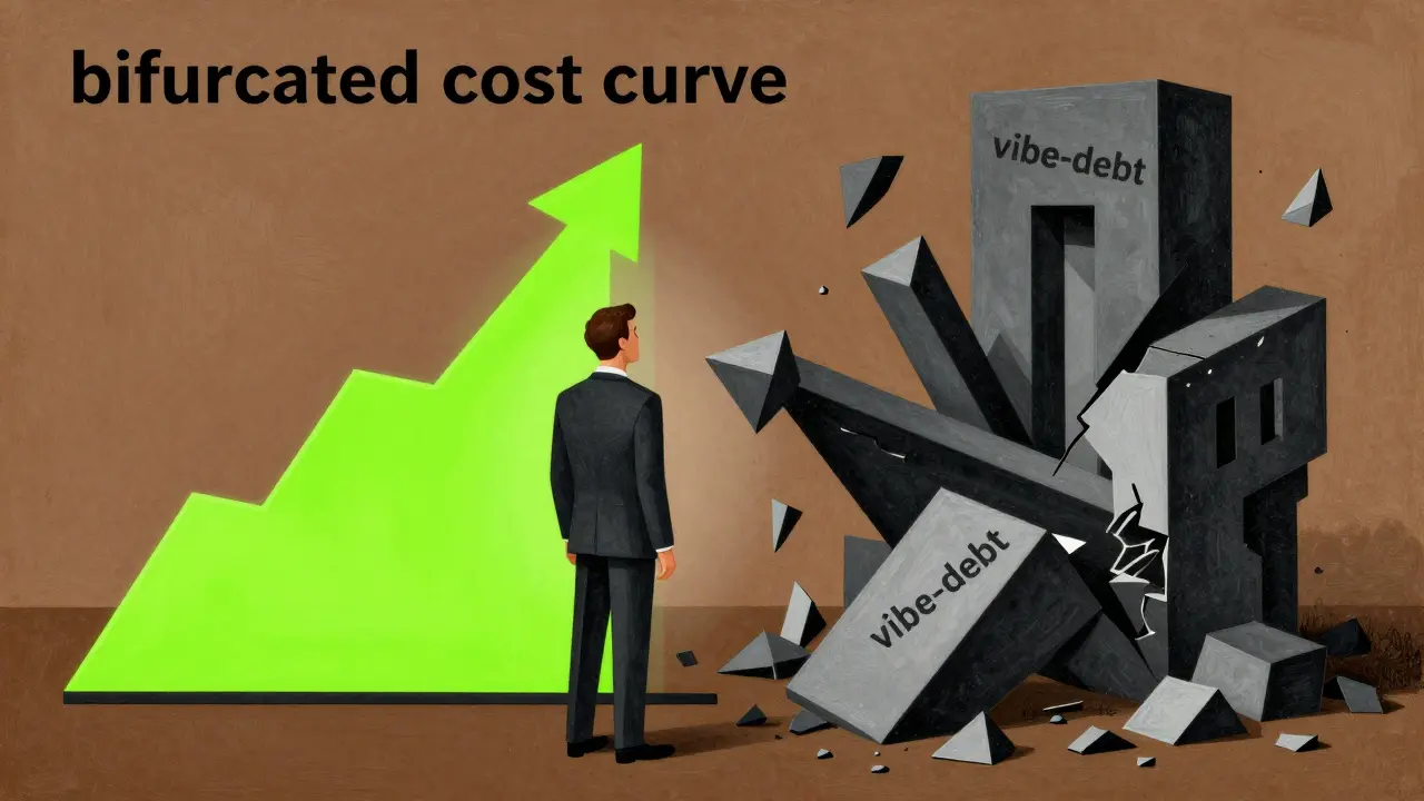 Cubist art showing a distorted graph splitting into growth and technical debt