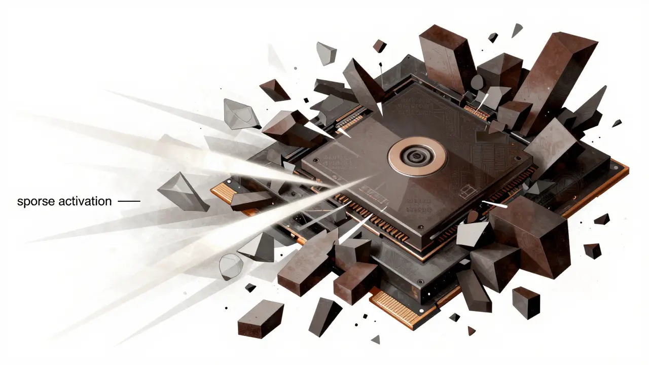 Cubist art showing a fragmented GPU balancing sparse computation and heavy memory usage